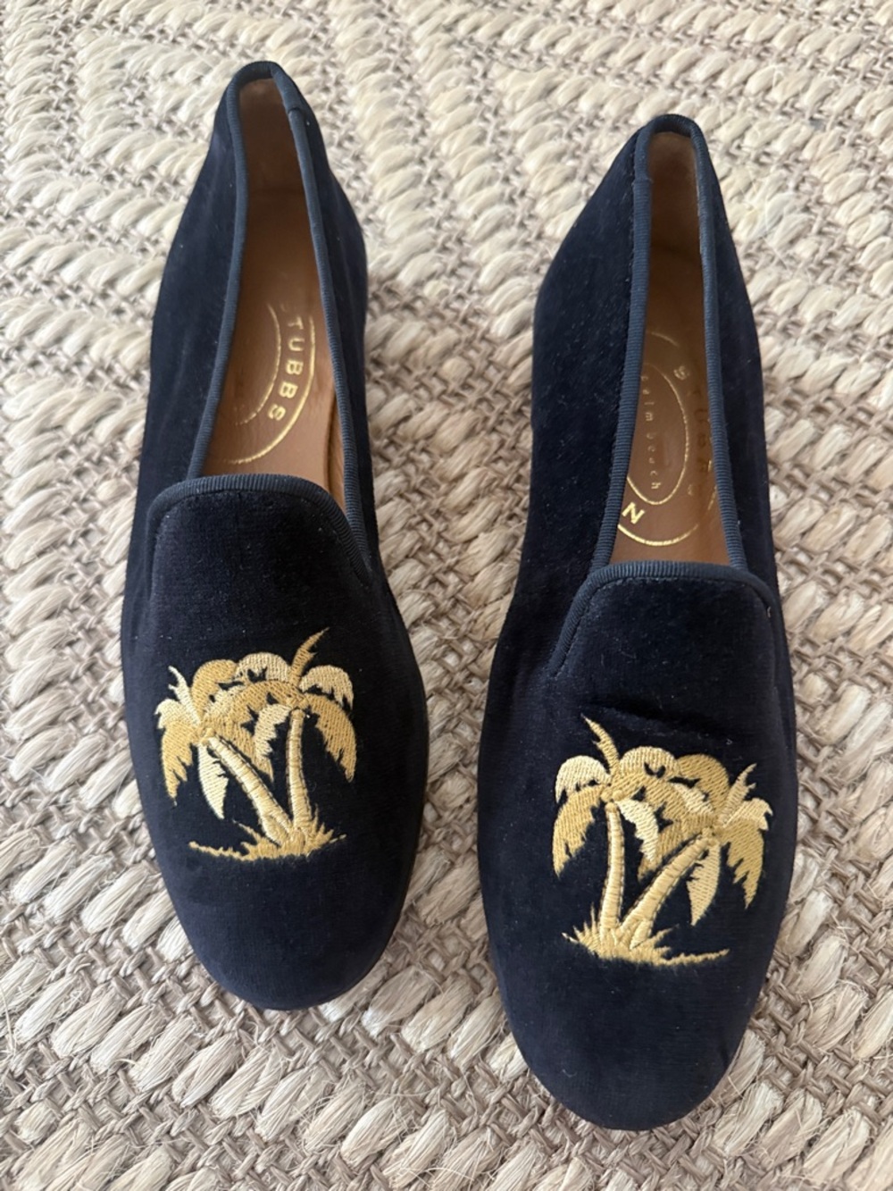 Stubbs & Wootton Navy Velvet Loafers with Gold Palm Embroidery